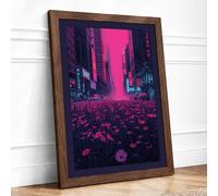 Neon Flowers in the City Modern Framed Wall Art Print A1 (84.1×59.4cm) Walnut, Wall Decor for Living Room, Bedroom, Office & Home, Ready to Hang, Art Gift