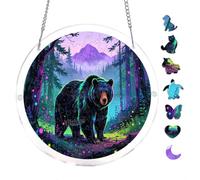 Neon Forest Bear Psychedelic Scene 7.8x7.8Inch Round Acrylic Hanging Puzzle | Creative Home Accent with Visual Appeal