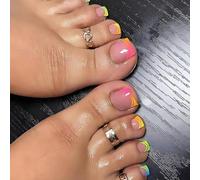 Neon French Toes Press On Toenails - Short Square Shape with Colorful Neon Tip Design - 24PCS Glossy Full Cover False Toenails for Women Easy to Apply for Summer or Daily Wear