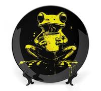 Neon Frog with Coffee Bone China Decorative Plate with Display Stand Ceramic Dinner Plates Wall Decor for Home Kitchen 8inch