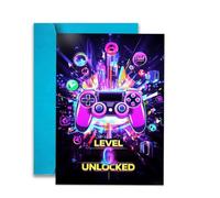 Neon Gaming 6th Birthday Card with Blue Envelope, Cute Cartoon Game Theme Birthday Card for Boy, Thick Paper Funny Birthday Cards for Child, Level 6 Unlocked Gift Card for 6 Year Old Kids