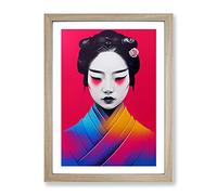 Neon Geisha Framed Print | A4 Oak Framed Wall Art | Ready to Hang | Modern Nature Picture | Living Room Bedroom Lounge Office