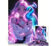 Neon Girl with Peacock Teenagers Puzzles 1000 Piece Jigsaws Smart Reason Toy Indoor Play Smooth Edge Art Collection Piece (50x75cm)