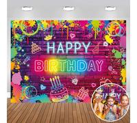 Neon Glow Birthday Backdrop Glow in The Dark Happy Birthday Party Background Colorful Graffiti Splash Paint Rainbow Background for Black Light Theme Kids Bday Supplies (8X6FT (240x180cm))