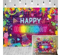 Neon Glow Birthday Backdrop Glow in The Dark Happy Birthday Party Background Colorful Graffiti Splash Paint Rainbow Background for Black Light Theme Kids Bday Supplies (6X4FT (180x120cm))