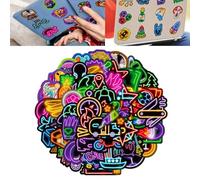 Neon Glow-in-the-Dark Vinyl Stickers 100-Pack - Waterproof Durable Decals for Laptop Bike Bottle Scooter Skateboard Journaling DIY Crafts with Dinosaur Heart Smiley Face Mushroom Rocket Designs
