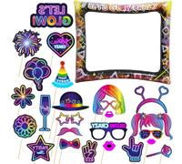 Neon Glow Party Inflatable Selfie Frame With 25Pcs Photo Booth Props - Blow Up Kit for Birthday, Disco, and Glow in The Dark Party Decoration