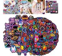 Neon Glow Waterproof Vinyl Stickers for Scrapbooks, Journals, Planners & Tech Devices - 100-Piece Set with Celestial Motifs, Animals, Food, Music, Love and Retro Themes for Personalising Belongings
