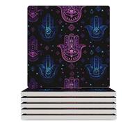 Neon Glowing Hamsa Mandala Ceramic Coaster Set with Cork Base Square Drink Coasters Decorative Cup Table Mats for Office Home