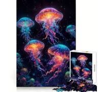 Neon Glowing Jellyfish Art 1000 Pieces Jigsaw Puzzles for Adults Mind Skill Toy Easy Leisure Design Assembly Seasonal Gift (38x52cm)