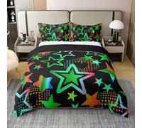 Neon Gradient Stars 100% Cotton Duvet Cover Single 2 Pcs Green Orange Cartoon Star Hippie Bedding Set for Kids Teens Adults Rainbow Colorful Hearts Street Art Quilt Cover,1 Pillowcase(No Comforter)