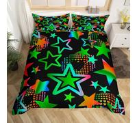Neon Gradient Stars Duvet Cover Double 3 Pcs,Green Orange Cartoon Star Hippie Bedding Sets for Kids Teens Adults,Rainbow Colorful Hearts Street Art Quilt Cover 2 Pillowcases(No Comforter)