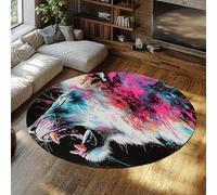 Neon Graffiti Roaring Lion Print Round Area Rug for Living Room Washable Rainbow Mane Nursery Rug for Playroom Kids Bedroom Non-slip Circluar Carpet Soft Kid Rug for Classroom Dorm Black 120cm