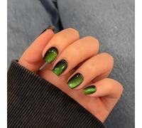 Neon Green Cat Eye Press on Nails Short Square, SXVME Glitter Glue on Nails Sparkly Shiny Black Fake Nail Press on With Design, Cute Bling Extra Short Coffin False Nail for Women 30 Pcs