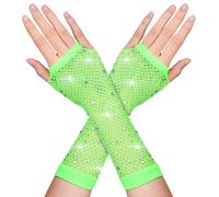 Neon Green Fishnet Rhinestone Gloves Women Long Fishnet Gloves Fingerless Fishnet Arm Sleeves 80s Fish Net Gloves Kids Fashion Sparkly Mesh Gloves 80 s Emo Scene Accessories for Women Kids