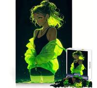 Neon Green Glow Anime Girl Hard Jigsaw Puzzle for Adults 1000 Pieces Logic Train Toy Peaceful Time Smooth Cut Premium Gift (38x26cm)