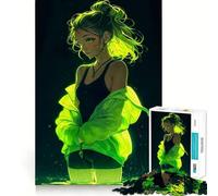 Neon Green Glow Anime Girl Hard Jigsaw Puzzle for Adults 1000 Pieces Logic Train Toy Peaceful Time Smooth Cut Premium Gift (38x26cm)