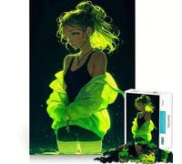 Neon Green Glow Anime Girl Jigsaw Puzzles for Adults 1000 Pieces Reason Skill Toy Tension Relief Exact Cut Cherished Gift (38x52cm)