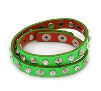 Neon Green Leather Style Crystal and Spike Studded Wrap Bracelet - Adjustable (One Size Fits All)
