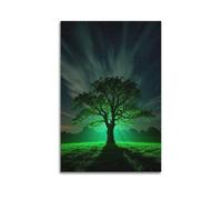 Neon Green Night Tree Sci Fi Starry Grass Nature Landscape Decorative Painting Canvas Wall Posters And Modern Family Bedroom Decor 12x18inch(30x45cm)