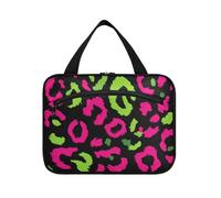 Neon Green Pink Leopard Pattern Hanging Travel Makeup Bag for Women with Hook, Designer Fashion Makeup Bags for Accessories for Women Gym bolso para maquillaje L