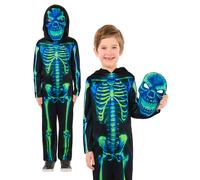 Neon Green Skeleton Costume Kids Halloween Fancy Dress + Mask Boys Girls