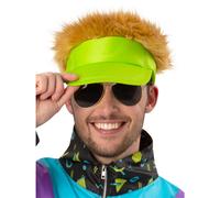 Smiffys 80s Neon Green Visor Hat with Dark Blonde Hair, 1980's Fancy Dress, 1980s Dress Up Hats, World Book Day