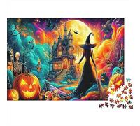 Neon Halloween 1000 Piece Puzzle Home Decor Witch & Haunted House for Grandparents Senior Leisure Enthusiasts Brain Training 38x26cm/1000pcs
