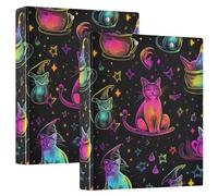Neon Halloween Cat Black 1.5 Inch Binders 3 Ring with Anti-Slip Clip, Decorative Cute Three Ring Binder D Ring Binders for School Office Supplies 2 Pack