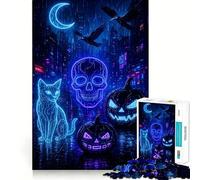 Neon Halloween Night Cityscape Jigsaw Puzzles 1000 Piece for Adults Improve Memory Peaceful Time Fine Edge Santa Wish Gift (38x26cm)