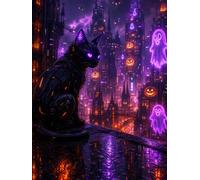 Neon Halloween Nights: Spooky Gothic Notebook with a Mysterious Black Cat, Neon Haunted City, Ghosts and Jack-O'-Lanterns | Halloween Journal for Writing, Notes and Drawing
