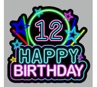 Neon Happy 12th Birthday Cake Topper Twelve Years Old Black Neon Light Style Party,Star Crazy And Funny Themed Cake Decor Boys or Girls Decorations Party Supplies