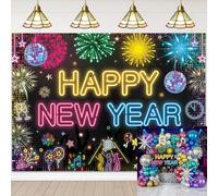Neon Happy New Year Backdrop Disco Glow in The Dark New Years Eve Party Background Neon Glitter Color Fireworks Decorations 2026 NYE Party Supplies Photo Props (8X6FT(94 x 70 inch))
