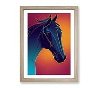 Neon Horse Framed Print | A2 Oak Framed Wall Art | Ready to Hang | Modern Animal Picture | Living Room Bedroom Lounge Office