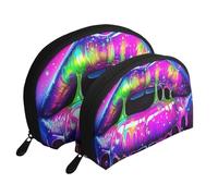 Neon Hot Lips Printed Makeup Bags 2-Piece Portable Shell Travel Toiletry Bag