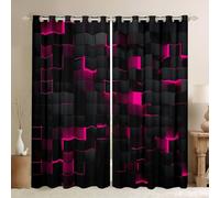 Neon Hot Pink Black Window Curtains 2 Panel Sets 66x72 Geometric Checkered Window Treatments Drapes for Girls Room Abstract Plaid Grid Blackout Curtains Stereoscopic Style Decor