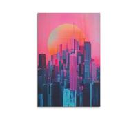 Neon - Hued Cityscape with Large Sun for Modern Aesthetic Poster Canvas Wall Art Modern Mural Decorative Painting Hanging Artwork 16x24inch(40x60cm)