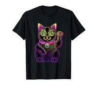 Neon Japanese Maneki Neko Lucky Cat Modern Feng Shui Luck T-Shirt