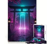 Neon Japanese Torii Gate with Waterfall 1000 Pieces Jigsaws Adults Puzzles Gifts Memory Upgrade Leisure Time Sharp Cut Wall Art Decor (38x26cm)