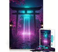 Neon Japanese Torii Gate with Waterfall 1000 Pieces Jigsaws Adults Puzzles Gifts Memory Upgrade Leisure Time Sharp Cut Wall Art Decor (38x26cm)