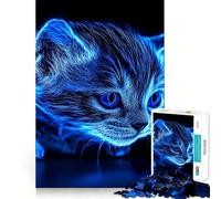 Neon Kitten Blue Eyes Curious Jigsaw Puzzles 1000 Piece for Teenagers Boost Recall Stress Free Tight Edge Wall Art Decor (38x52cm)