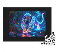 Neon Leopard Jungle 1000 Piece Jigsaw Puzzle Neon Blue Tiger Approaching for Adult Educational Game Beautiful Decoration Challenge High Difficulty Male And Female Birthday 70x50cm/1000pcs Gifts