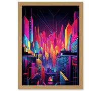 Neon Light Colour Abstract Metropolis Cityscape at Night Modern Artwork Artwork Framed Wall Art Print A4 Artery8 Light Oak One Size