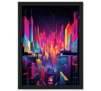 Neon Light Colour Abstract Metropolis Cityscape at Night Modern Artwork Artwork Framed Wall Art Print A4 Artery8 Black One Size