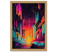 Neon Light Colour Abstract Metropolis Cityscape Sunrise Modern Artwork Artwork Framed Wall Art Print A4 Artery8 Light Oak One Size