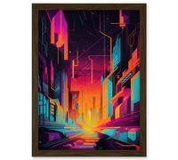 Neon Light Colour Abstract Metropolis Cityscape Sunrise Modern Artwork Artwork Framed Wall Art Print A4 Artery8 Brown One Size