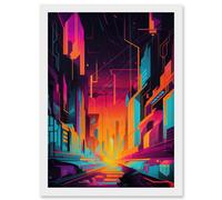 Neon Light Colour Abstract Metropolis Cityscape Sunrise Modern Artwork Artwork Framed Wall Art Print A4 Artery8 White One Size