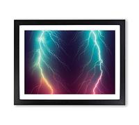 Neon Lightning Bolts Framed Print | A4 Black Framed Wall Art | Ready to Hang | Modern Landscape Picture | Living Room Bedroom Lounge Office