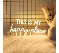 Neon Lights for Wall Decor - This Is My Happy Place Neon Signs for Teen Girls Bedroom Decor, Led Sign for Wall Decor, Nightstand Light, Dimmable Switch USB Power, Adhesive Hook Included
