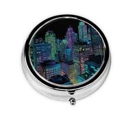Neon-Lit Cityscape Print Personalised Portable Pillbox with,Mini Pillbox Compact and Convenient Pill Organiser for Storing and Organising Pills
